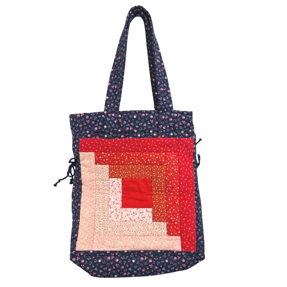 Handmade Quilted Log Cabin Tote Bag Floral Patchwork Cottagecore Navy Red Pink